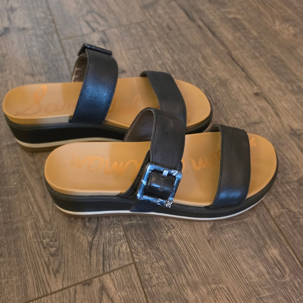 Sam‎ Edelman Adaley Black Leather Platform Sandals Double Strap Buckle Womens